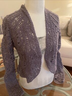 Angel Of The North Open-Front Crochet Cardigan in Dusty Lavender